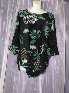 Alfani Black Poncho with Green Tropical Leaf Print